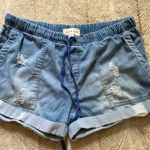 Cloth & Stone Distressed Roll-cuff chambray shorts